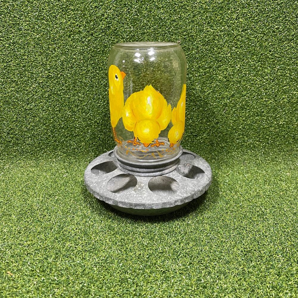 Vintage Galvanized Metal Base Glass Chick Waterer Feeder Farmhouse Decor